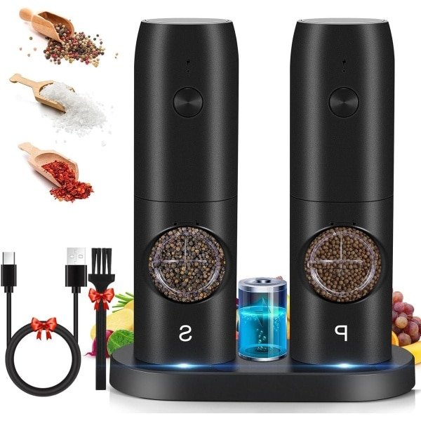 Automatische Elektrische Zout- en Pepermolenset - Set van 2 - USB-Oplaadbaar - 5 Niveaus Instelbare Grofheid - LED-Licht - Eénhandige Bediening voor Keuken en Restaurant