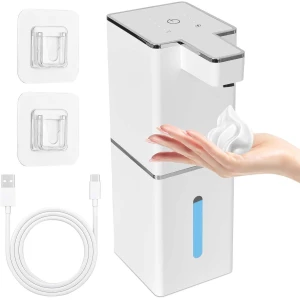 Automatische zeepdispenser - Aan de muur bevestigd, contactloos en zonder boren, 380 ml elektrische zeepdispenser met infraroodsensor, USB-oplaadbare schuimzeepdispenser voor badkamer, toilet, keuken (wit)
