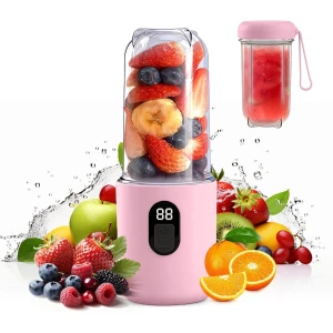 Draagbare mixer, smoothiemaker om mee te nemen, met digitaal display, 16 vellen elektrische USB-sapcentrifuge, mini-mixer voor shakes en smoothies, voor keuken, reizen, sportschool, roze, 500 ml