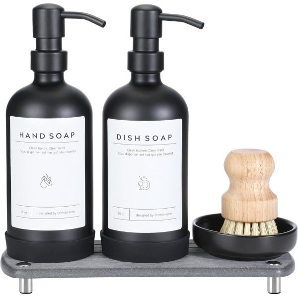 Elegante Keuken Zeepdispenser Set - 16oz Glazen Fles met Roestvrijstalen Pomp en Accessoires