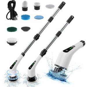 Elektrische Schoonmaakborstel - Incl. 7 Verwisselbare Borstelkoppen - Oplaadbaar & Draadloos - Schrobborstel Met Verstelbare Steel - Schrobmachine - Schrob Borstel - Poetsmachine - Voor Auto, Raam, Keuken, Badkamer, Vloer - Wit