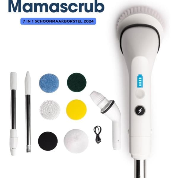 Elektrische Schoonmaakborstel met Verstelbare Steel - 7-in-1 Schrobber Set voor Badkamer, Keuken & Vloeren - Mamascrub M3