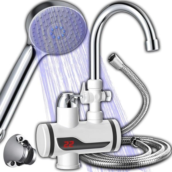 Elektrische waterkraan - doorstroomboiler, 3000 W, onmiddellijke boiler met lcd-temperatuurweergave, douchehandapparaat voor keuken en tuin, energiezuinig, compact, 220 V, wandmontage