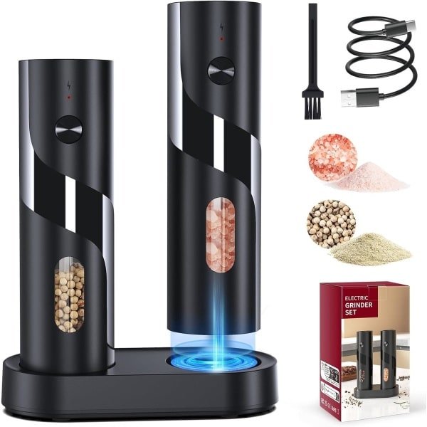Elektrische zout- en pepermolens Set van 2 met Oplaadbare Basis, LED Licht en Instelbare Grofheid voor de Keuken