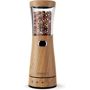 Grote inhoud elektrische zout- of pepermolen 110 gram - roestvrij staal en houten design - instelbare grofheid en ledlicht - oplaadbaar via USB - ideaal voor keuken gebruik