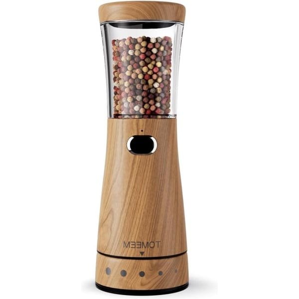 Grote inhoud elektrische zout- of pepermolen 110 gram - roestvrij staal en houten design - instelbare grofheid en ledlicht - oplaadbaar via USB - ideaal voor keuken gebruik