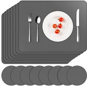 Kunstlederen Tafelmatten en Onderzetters 8 Stuks - Waterdicht, Dubbelzijdig en Antislip Keuken en Eetkamer Accessoires - 41 x 31 cm (Grijs)
