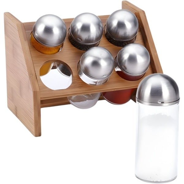 Lomera Kruidenrek - 7-Delige Set - Glazen Flesjes - Bamboe Rek - Kruiden Organizer - Keuken Accessoires - Kruidenpotjes - Glazen Potjes - Kruidenrek Staand - Kruidenrek Keuken - Kruidenrek Glazen Potjes - Kruidenrek Set