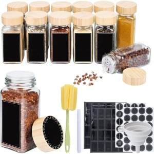 NAIZY kruidenpotjes vierkant 12 stuks 120ml glazen kruidenpotjes met hagelslag inzet, waterdichte etiketten, trechter, schoonmaakborstel kruidenpotje voor kruiden keuken accessoires, houten deksel