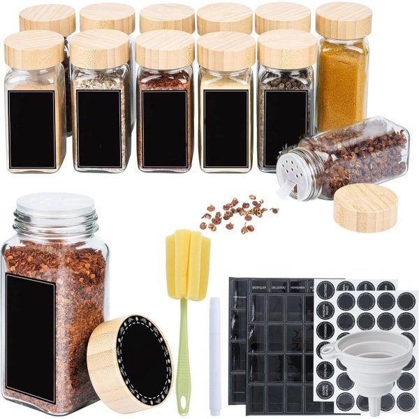 NAIZY kruidenpotjes vierkant 12 stuks 120ml glazen kruidenpotjes met hagelslag inzet, waterdichte etiketten, trechter, schoonmaakborstel kruidenpotje voor kruiden keuken accessoires, houten deksel