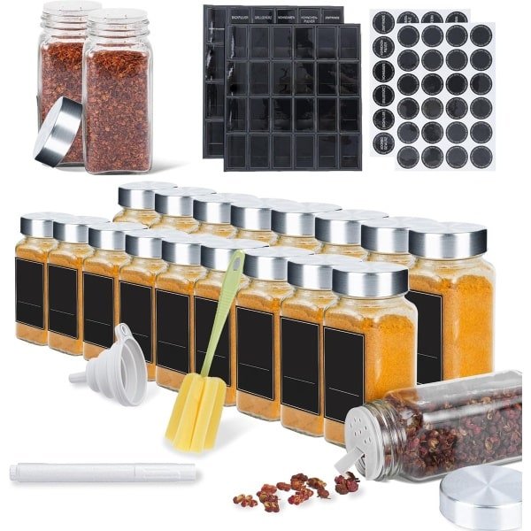 NAIZY kruidenpotjes vierkant 24 stuks 120ml glazen kruidenpotjes met hagelslag inzet, waterdichte etiketten, trechter, schoonmaakborstel kruidenpotje voor kruiden keuken accessoires, roestvrij stalen deksel