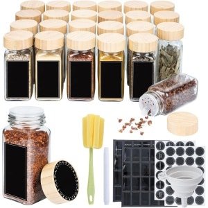 NAIZY kruidenpotjes vierkant 24 stuks 120ml glazen kruidenpotjes met hagelslag inzet, waterdichte etiketten, trechter, schoonmaakborstel kruidenpotje voor kruiden keuken accessoires, houten deksel