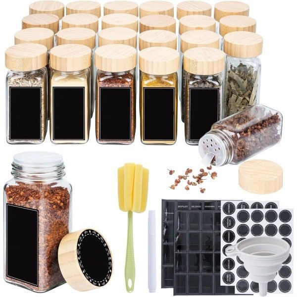 NAIZY kruidenpotjes vierkant 24 stuks 120ml glazen kruidenpotjes met hagelslag inzet, waterdichte etiketten, trechter, schoonmaakborstel kruidenpotje voor kruiden keuken accessoires, houten deksel