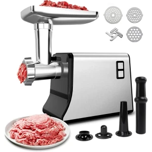 Novendo Goods - Professionele elektrische vleesmolen met roestvrijstalen snijbladen - Krachtige motor, worstvuller & kubbe-opzetstuk - Zware vleesmolen voor keuken, vleesbereiding en foodcreatie