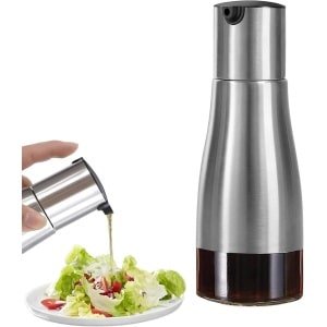 Oliefles dispenser met 320 ml capaciteit voor olijfolie en azijn, zilverkleurig - set van 2 flessen met roestvrijstalen glazen bodem, perfect voor keuken en BBQ - handig accessoire fprintf
