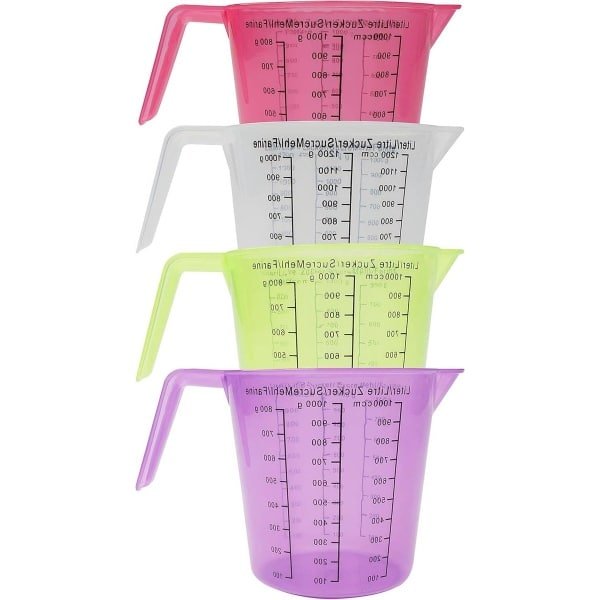Plastic Maatbekers - Set van 4 - 1 Liter - Stapelbare Kannen - BPA Vrij - Keuken Accessoires - Voedsel Bereiding - Koken & Bakken
