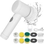 Premium elektrische spinschrobber met 5 opzetborstels en instelbare snelheden voor keuken en badkamerreiniging.