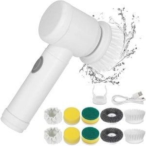 Premium elektrische spinschrobber met 5 opzetborstels en instelbare snelheden voor keuken en badkamerreiniging.