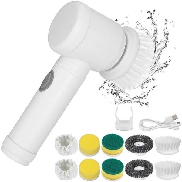 Premium elektrische spinschrobber met 5 opzetborstels en instelbare snelheden voor keuken en badkamerreiniging.