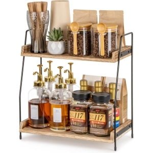 PromoHome 2-laags Keuken Organizer voor keuken Accessoires - Beige Houten Planken met Metaal Frame