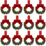 QTTVBTNA - 12 Stuks Mini Kerstkransjes - Keuken Decoratie met Lint - Klassieke Boerenstijl Kransjes voor Kast en Raam - Feestelijke Kerst Accessoires voor Sinterklaas en Kerstmis - Rode