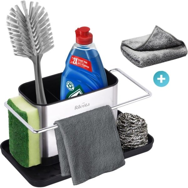 Rilenta Keuken Organizer met Vaatdoekhouder RVS - Met Schoonmaakdoek - Aanrecht Organiser - Afdruiprek - Gootsteenkast Keukenkast Organizers - Keukenrek - Opbergrek - Sponshouder - Gootsteenbakje - Gootsteenorganizers - Bakjes - Accessoires - Zilver