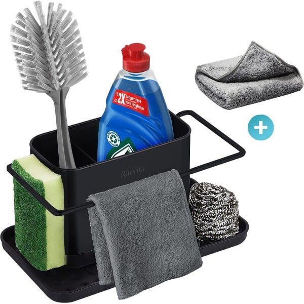 Rilenta Keuken Organizer met Vaatdoekhouder RVS - Met Schoonmaakdoek - Aanrecht Organiser - Afdruiprek - Gootsteenkast Keukenkast Organizers - Keukenrek - Opbergrek - Sponshouder - Gootsteenbakje - Gootsteenorganizers - Bakjes - Accessoires - Zwart