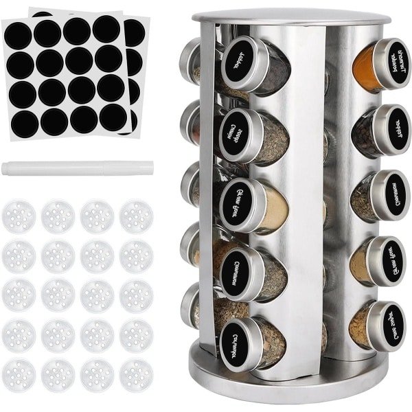 Roestvrijstalen Kruidenrek met 20 Glazen Potjes en Labels - Draaiende Kruiden Opslag Organizer voor Keuken - 360° Rotatie - Kruiden Carrousel voor Werkblad - Keukenkast Accessoire