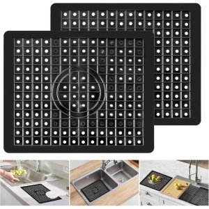 Rubber Gootsteenmat - Spoelbakmat - Afdruipmat - Gootsteen Beschermer - Anti-Kras Bescherming voor Afwasbak - Keuken Accessoires - Gootsteenmat Rechthoekige - Gootsteenmat Zwart - 2 Stuks