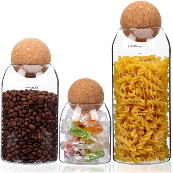 Set van 3 glazen voorraadpotten met kurken deksels - Voorraadpot set - Keuken accessoires - Voorraadbussen voor kruiden, suiker en koffie