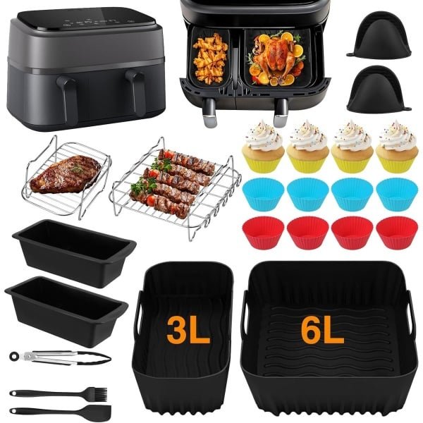 28 stuks Airfryer-accessoires, accessoireset Geschikt voor Philips Dual Basket Airfryer 3000/5000 serie (6 l/3 l), Dual Easy 5,2 l/3,1 l, siliconen vormen, grillrooster, bakvorm, keuken