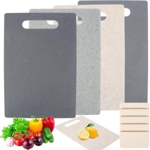 All4You - Set van 4 kunststof snijplanken met handgrepen en opbergstandaard - Dubbelzijdige snijplank voor vlees, groenten en fruit - Keuken accessoires