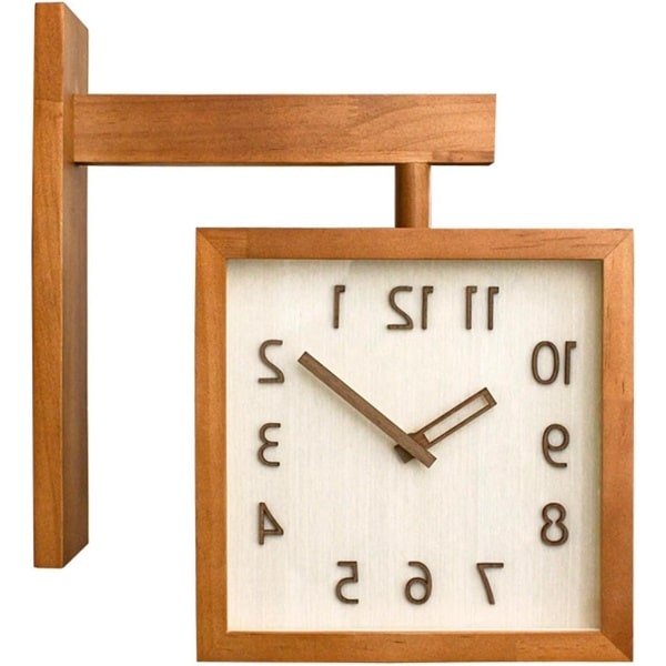 Allecta - Houten Wandklok Vintage Look voor Woonkamer en Keuken - Stille Dubbelzijdige Decoratieve Klok - Eenvoudig Vierkant Design - Huishouden Accessoires met Retro uitstraling