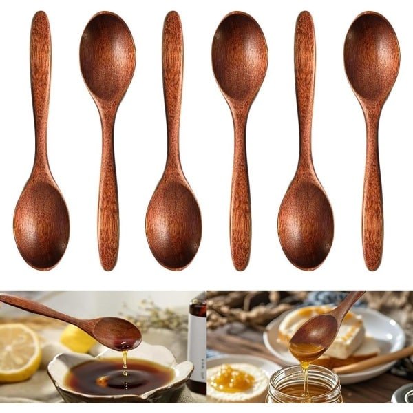 Allecta - Set van 6 handgepolijste houten lepels, 14,5 cm lang - voor warme chocolademelk, honing, koffie en thee - keuken accessoires