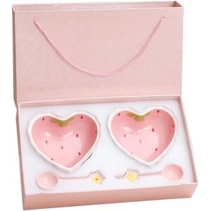 Cosensi - Dessertkom met lepel, aardbei liefdeshart kom roze keramische kom op hoge temperatuur voor salade (2 set) - Stijlvol design, servies set, keuken accessoire
