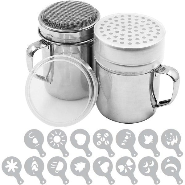 Cosensi - Poedersuiker Shaker Duster, 2 stuks roestvrij staal voor suiker, peper, kaneel, meel - met afdrukken mallen stencils - fijn en groot gaas - Keuken Accessoires.