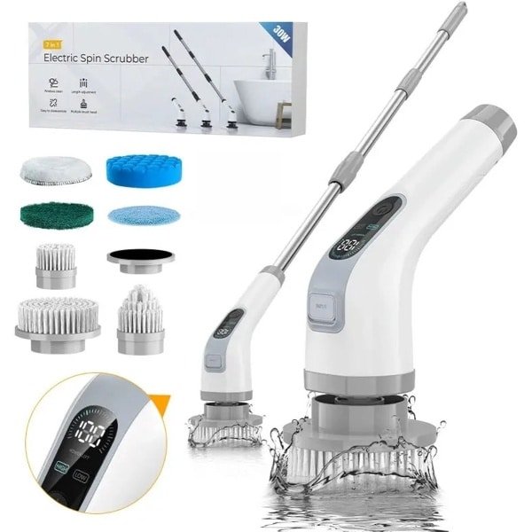 Elektrische Draadloze Schoonmaakborstel 7-in-1 - Grijs - Spin Scrubber met LCD Display & Verlengsteel - 2 Snelheden - 2500mAh - Voor Badkamer, Keuken & Auto