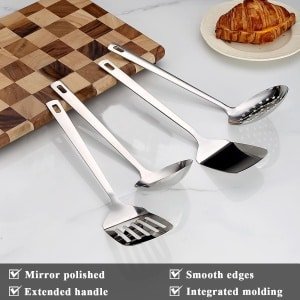Famanu - Roestvrijstalen keukengerei set 4 stuks, kookgerei set inclusief metalen spatel set, keuken skimmer, soep pollepel, keuken gadgets keuken essentials
