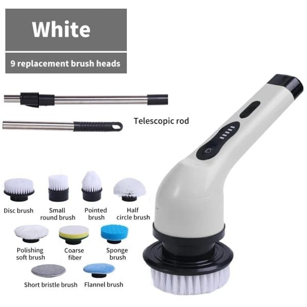 Fytura - 9-in-1 Elektrische Reinigingsborstel met LED-display - Multifunctionele Spin-Scrubber voor Keuken, Badkamer, Salon en Auto - Wit