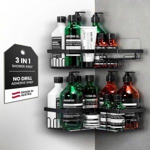 Hoek Doucherek Set van 2 - Zelfklevend & voor Boren - Badkameropslag | Badkamerplank Roestvrij Staal | Doucheplanken voor Bad & Keuken Accessoires, Doucheopslag - Zwart