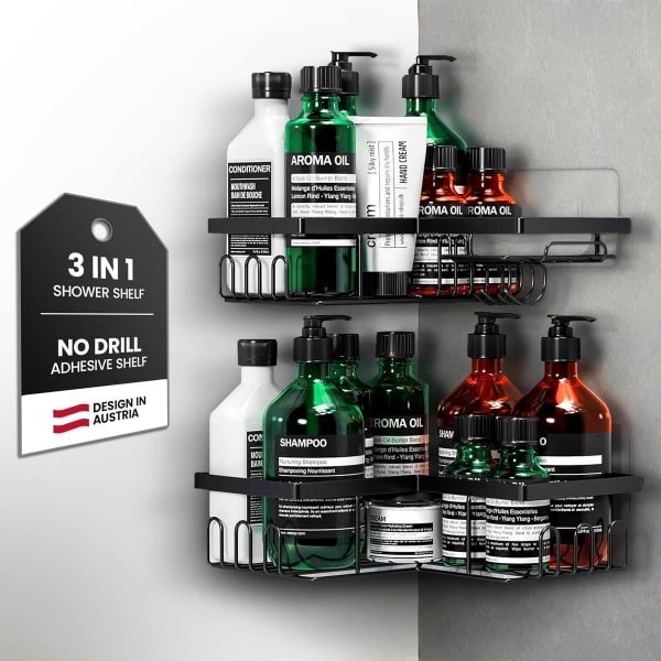 Hoek Doucherek Set van 2 - Zelfklevend & voor Boren - Badkameropslag | Badkamerplank Roestvrij Staal | Doucheplanken voor Bad & Keuken Accessoires, Doucheopslag - Zwart