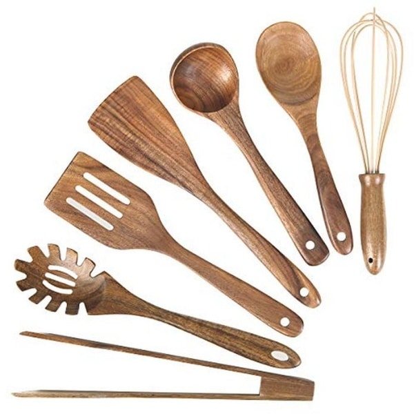 Houten Keukengerei Set voor Koken - Teakhouten Lepels en Spatels, Non-Stick Keuken Gadgets (7-delig)