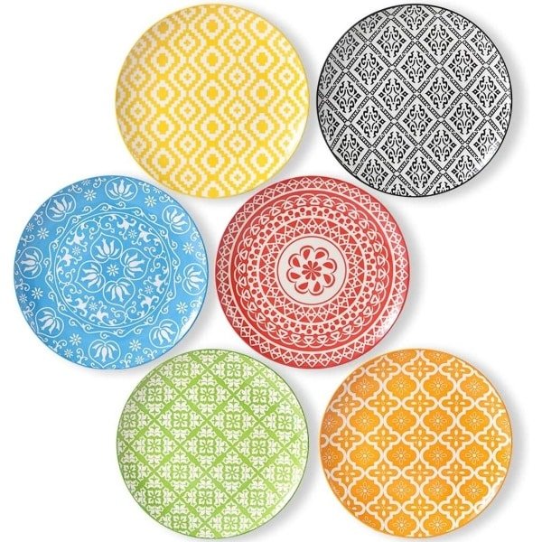 Keramische dinerborden set - Grote ronde eetborden - Kleurrijk patroon - Vaatwasser, magnetron, oven veilig - 6 stuks - Familie-keuken-accessoire