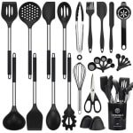 NCUE Kookgerei Set, 28 stuks Siliconen Keukengerei Set met Houder, Siliconen Garde, Spatels, Schaar, Maatbekers en Lepels Set met RVS Handvat Keuken Gadgets (zwart)