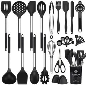 NCUE Kookgerei Set, 28 stuks Siliconen Keukengerei Set met Houder, Siliconen Garde, Spatels, Schaar, Maatbekers en Lepels Set met RVS Handvat Keuken Gadgets (zwart)