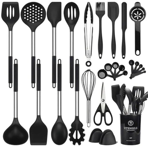 NCUE Kookgerei Set, 28 stuks Siliconen Keukengerei Set met Houder, Siliconen Garde, Spatels, Schaar, Maatbekers en Lepels Set met RVS Handvat Keuken Gadgets (zwart)