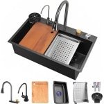 Optimaliseer je Keuken met Onze Zwart Roestvrij Stalen Waterval Spoelbak (80 x 45 cm) - Inclusief Uittrekbare Keukenkraan en Accessoires!