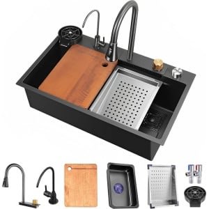 Optimaliseer je Keuken met Onze Zwart Roestvrij Stalen Waterval Spoelbak (80 x 45 cm) - Inclusief Uittrekbare Keukenkraan en Accessoires!