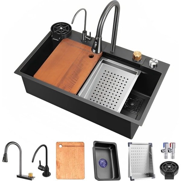Optimaliseer je Keuken met Onze Zwart Roestvrij Stalen Waterval Spoelbak (80 x 45 cm) - Inclusief Uittrekbare Keukenkraan en Accessoires!