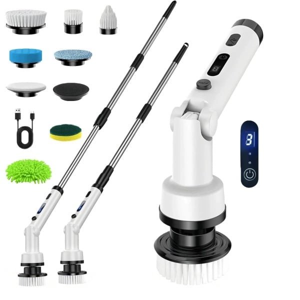 Roterende elektrische reinigingsborstel - 8 borstelkoppen, 3 snelheidsinstellingen, intrekbare handgreep, oplaadbare elektrische reinigingsborstel geschikt voor het reinigen van badkamer, keuken en auto.